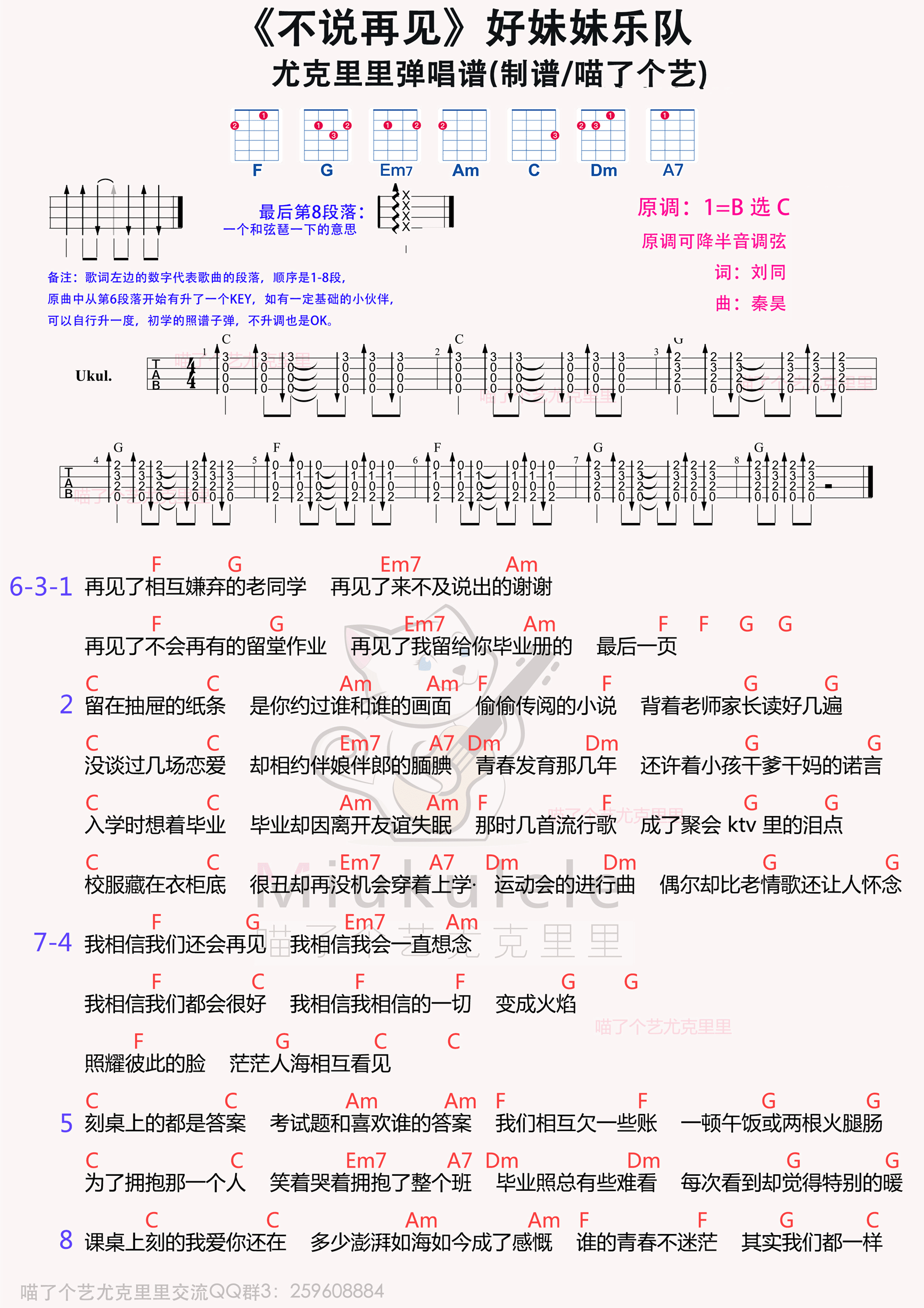 吉他谱 华语乐队组合  好妹妹乐队 >>好妹妹乐队《不说再见》尤克里里