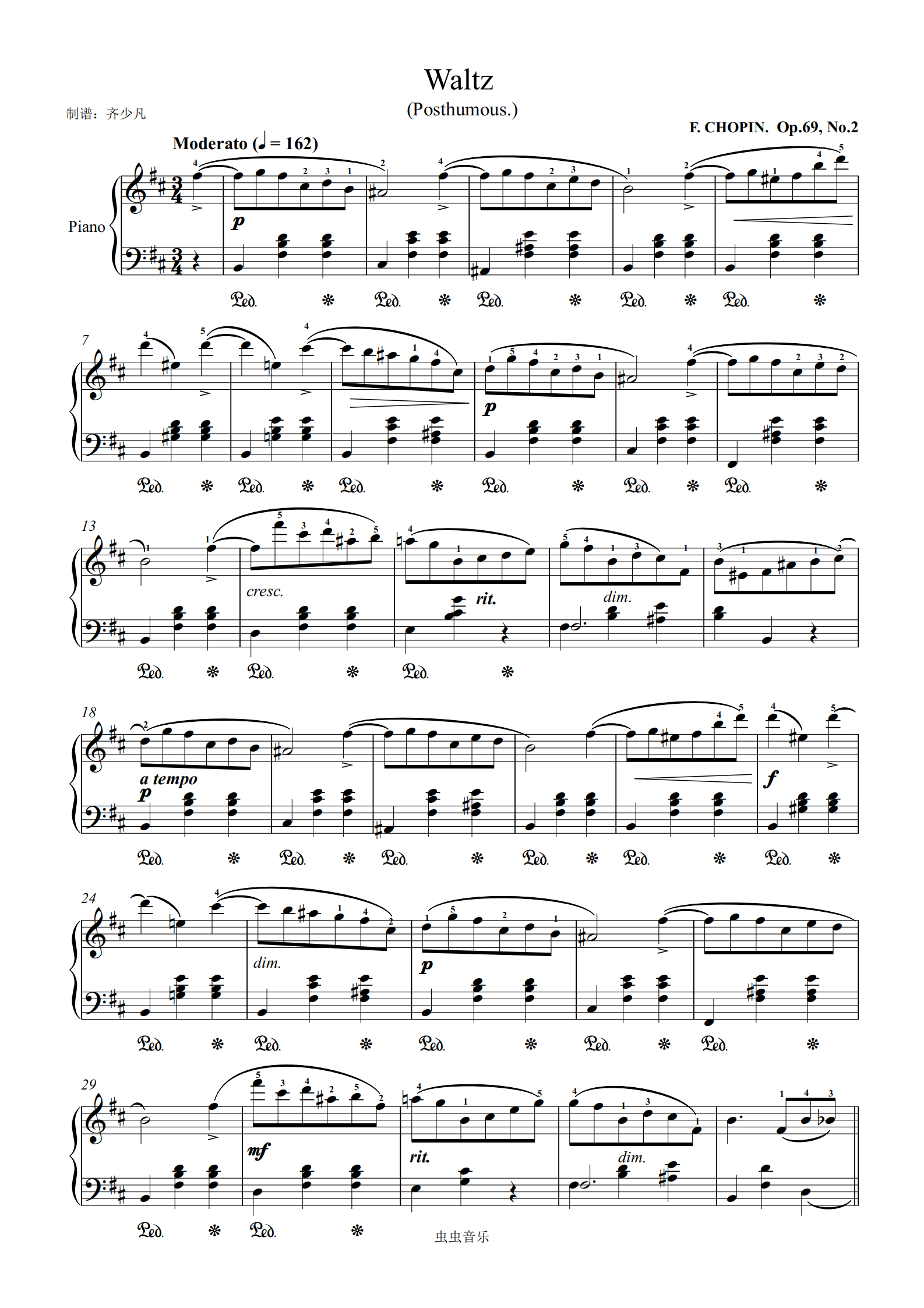 no2钢琴谱,肖邦-b小调圆舞曲op69.