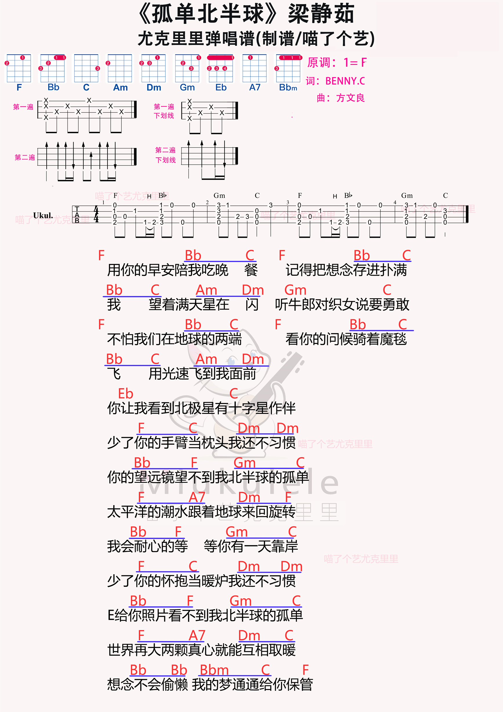 >>梁静茹《孤单北半球》尤克里里谱