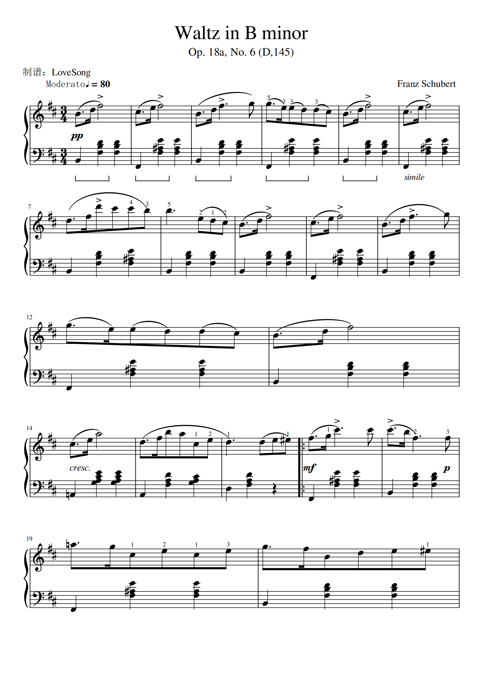 145 no.6钢琴谱,舒伯特 b小调圆舞曲 原版 d.145 no.6b调钢琴谱,舒伯