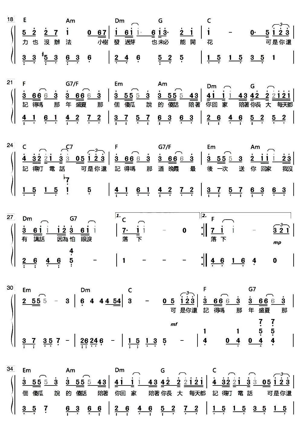 忽而今夏钢琴数字简谱乐谱调六线简谱-虫虫吉他谱免费下载