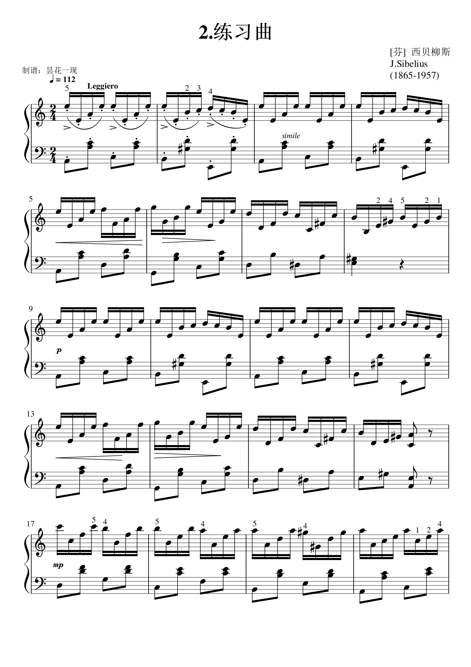 2钢琴谱,练习曲 op76 no2a调钢琴谱,练习曲 op76 no