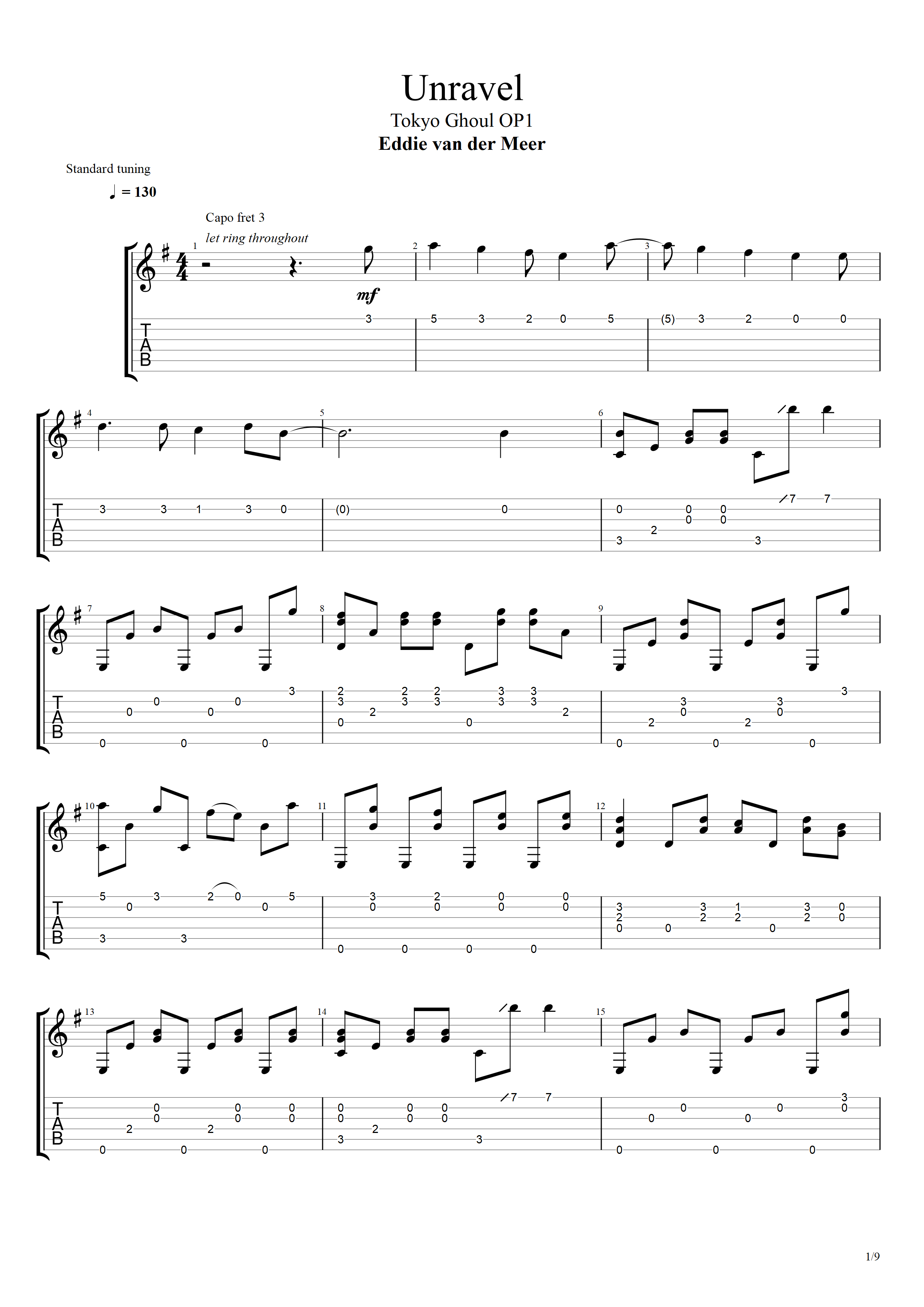 东京喰种（东京食尸鬼）- Unravel吉他谱(PDF谱,电吉他,双吉他,清音)_动漫游戏(ACG)