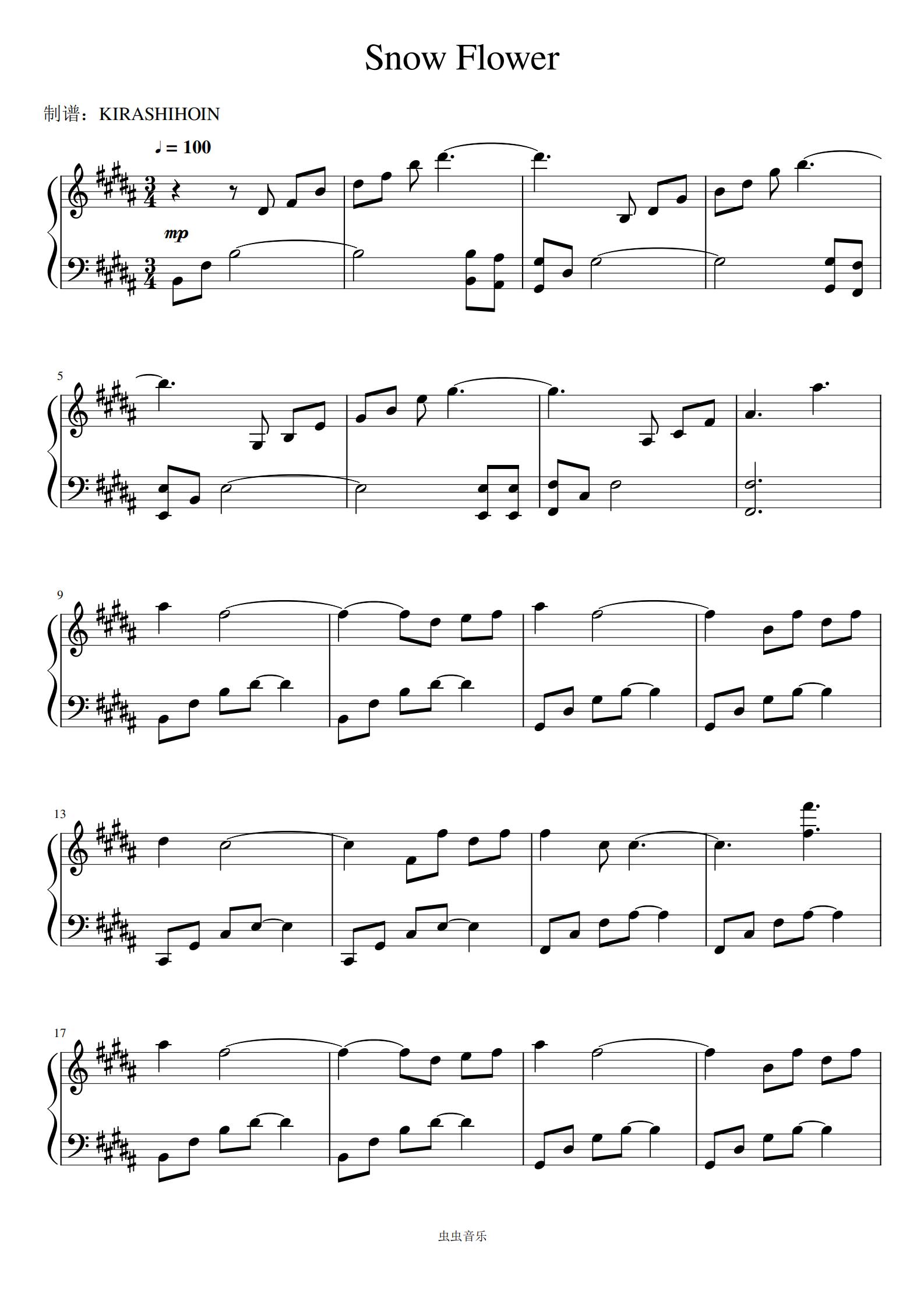 Snow Flower，Snow Flower钢琴谱，Snow FlowerB调钢琴谱，Snow Flower钢琴谱大全，虫虫钢琴谱下载