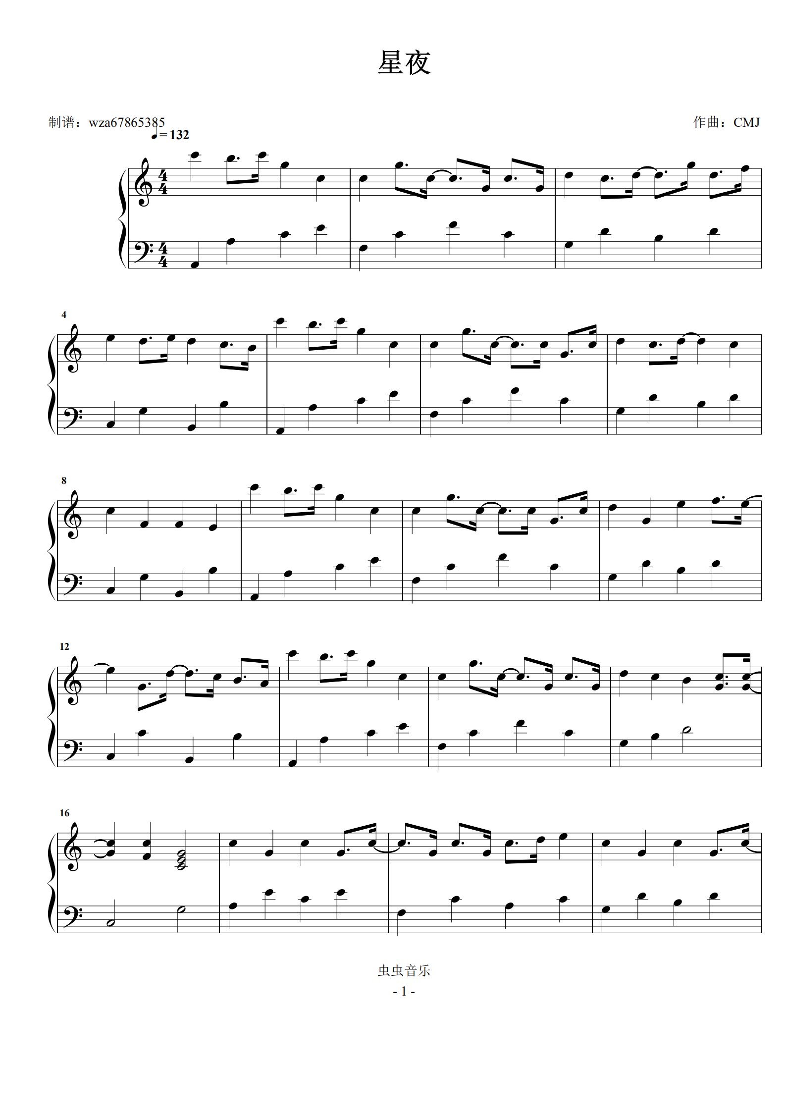 星夜钢琴谱_c调独奏谱_cmj_钢琴独奏视频_原版钢琴谱_虫虫钢琴|钢琴谱