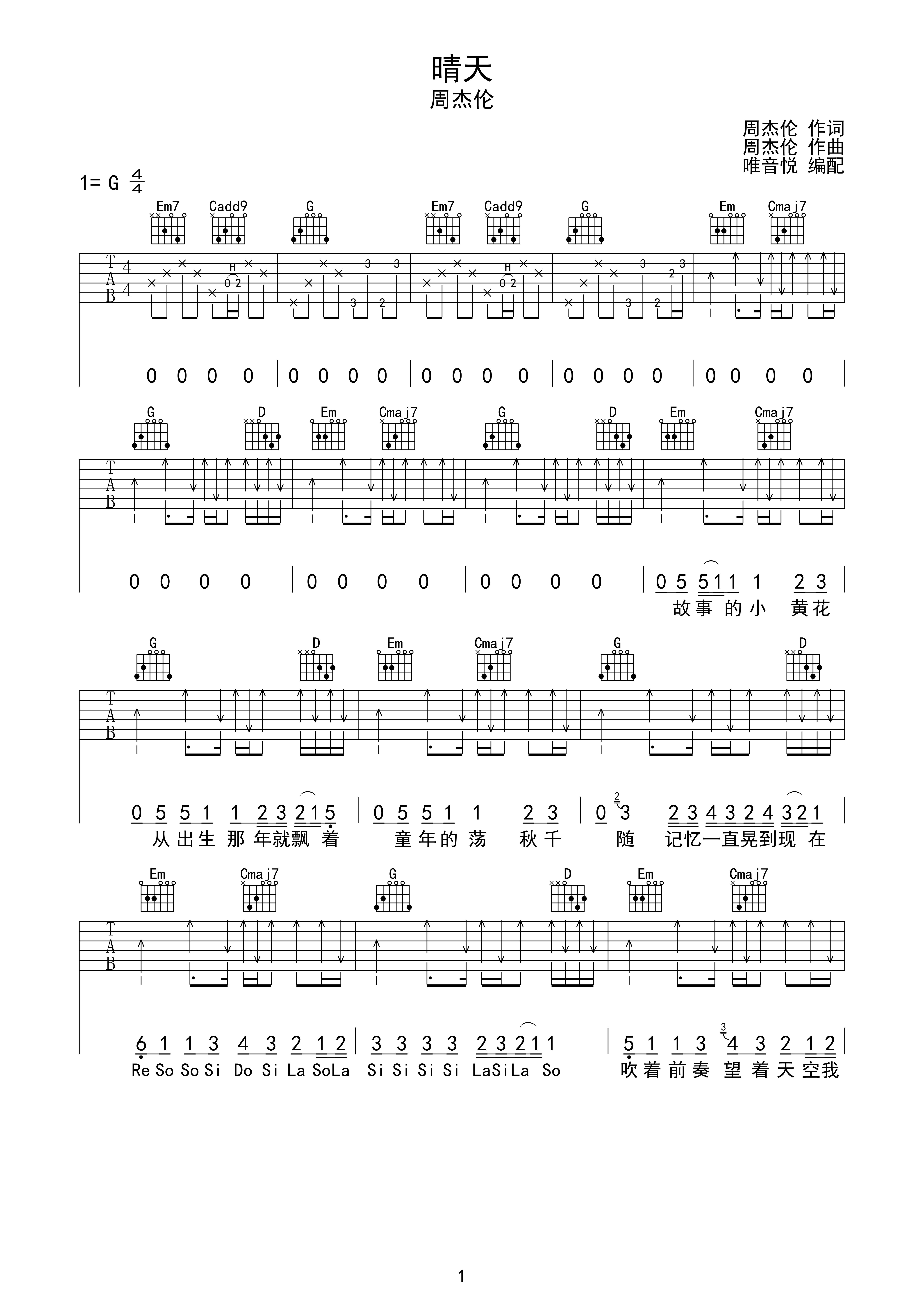 吉他晴天数字简谱图片