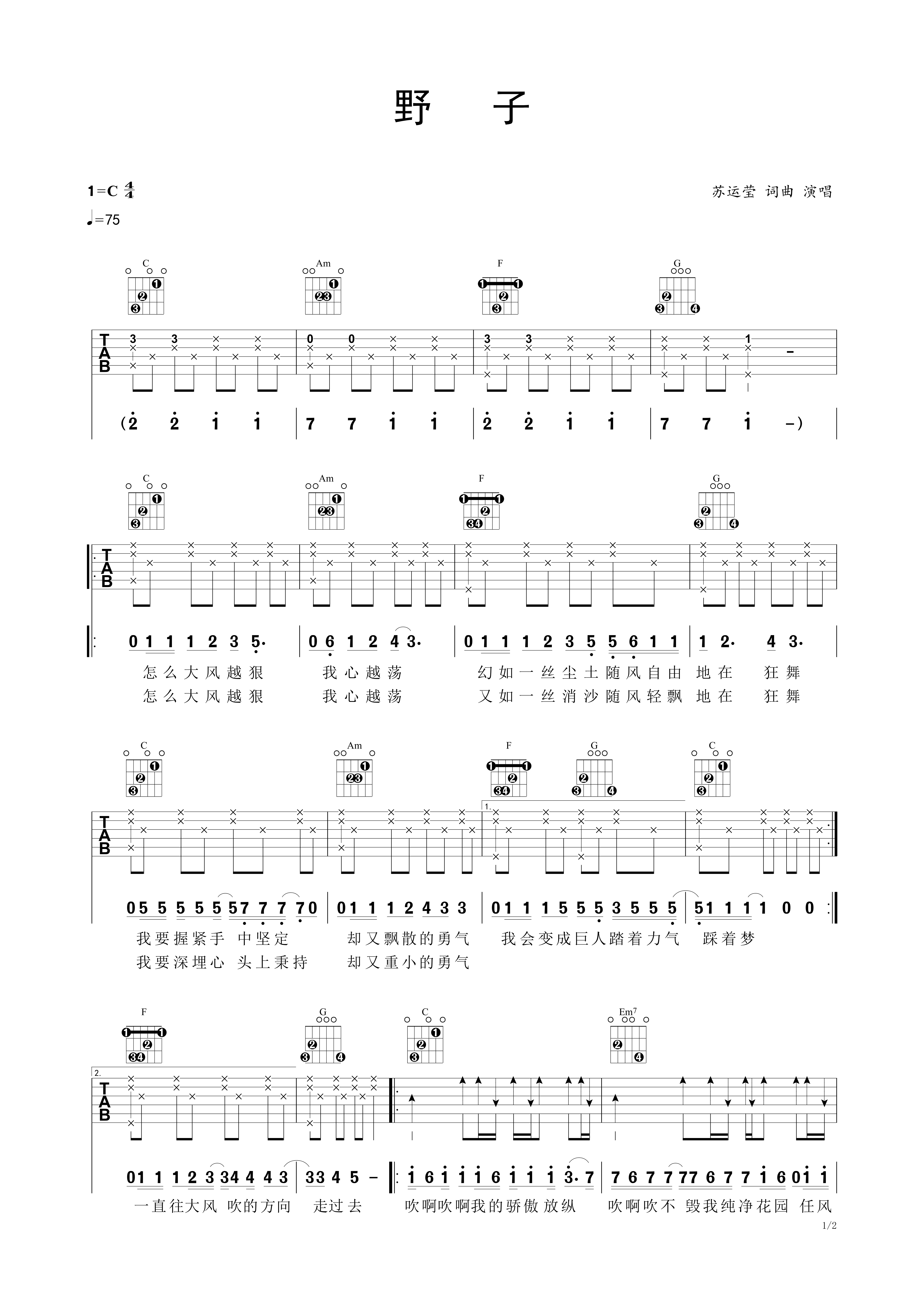《野子》吉他谱 - 用弹唱节奏型编配 -选调C调 - 苏运莹六线谱精选 - 国语 - 易谱库