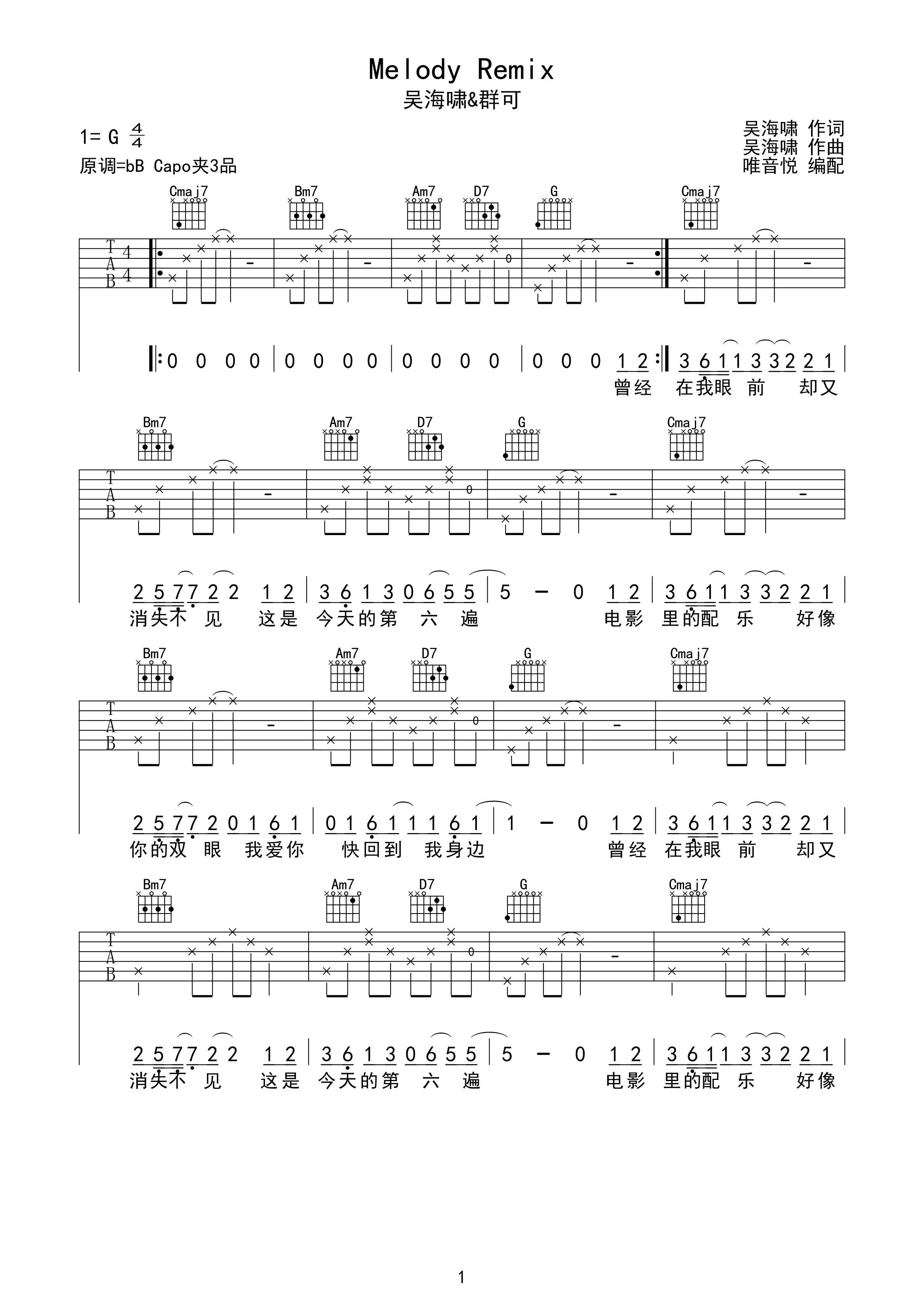 melody吉他谱简单版图片