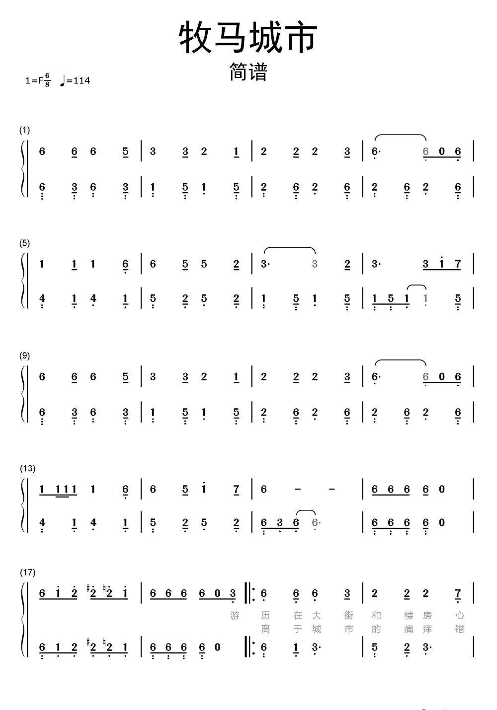 牧馬城市數字簡譜樂譜